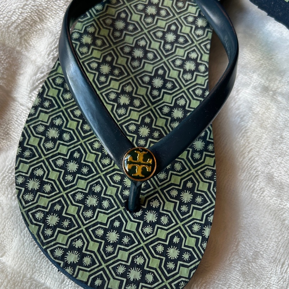 Tory Burch Navy and Sage Geometric Flip Flops Sz 7.5